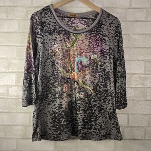 July 25 Lightweight Semi Sheer Shirt Top w/ Embroidered Colorful Bird Design 1X